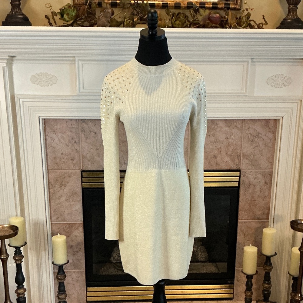 BCX Shimmering Studded Long Sleeved Ivory Knit Dress Size L